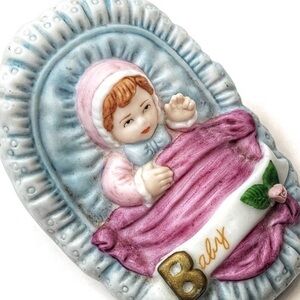 Enesco Growing Up Girls Brunette Newborn Porcelain Figurine Baby In Cradle 1987